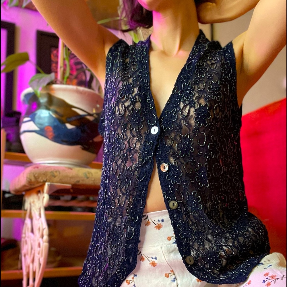 Beaded vest - Blue flower lace